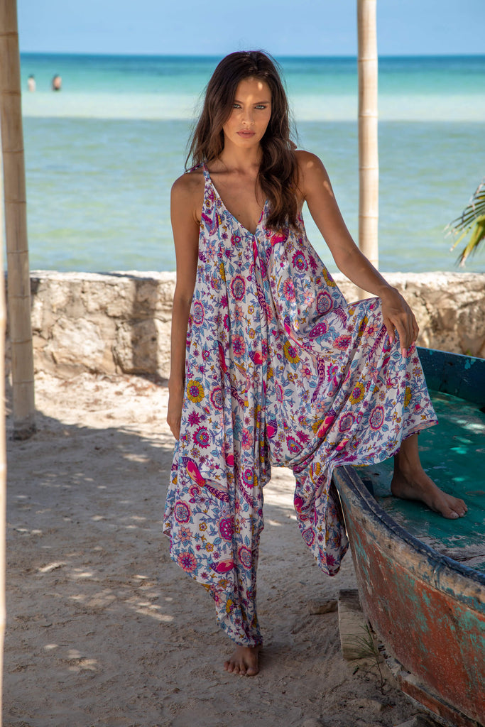 Premium Gypsy Wide Leg Jumpsuit in Birds of Paradise White Floral