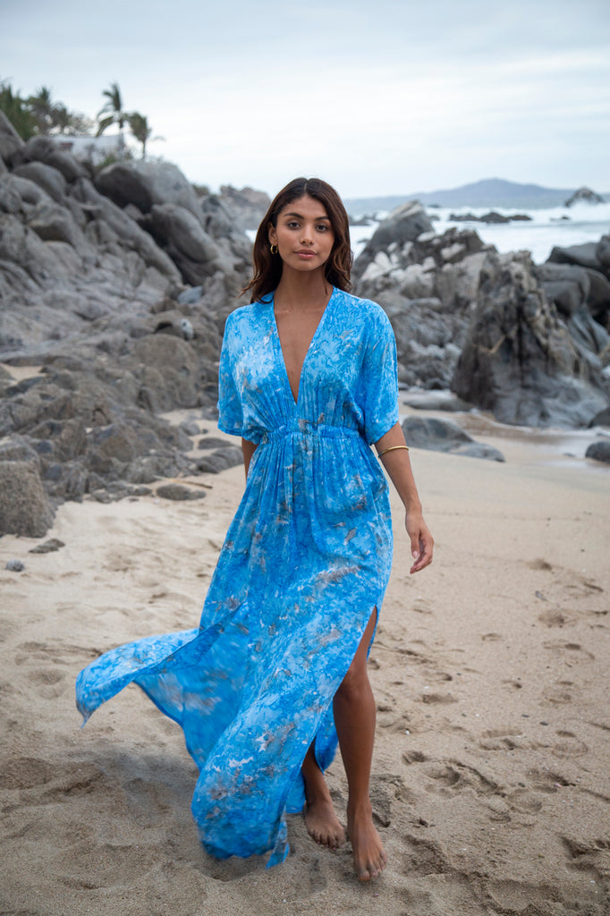 Woman wearing Bali Prema Amy Kimono Dress in Premium Elizabeth Taylor Blue Watercolor