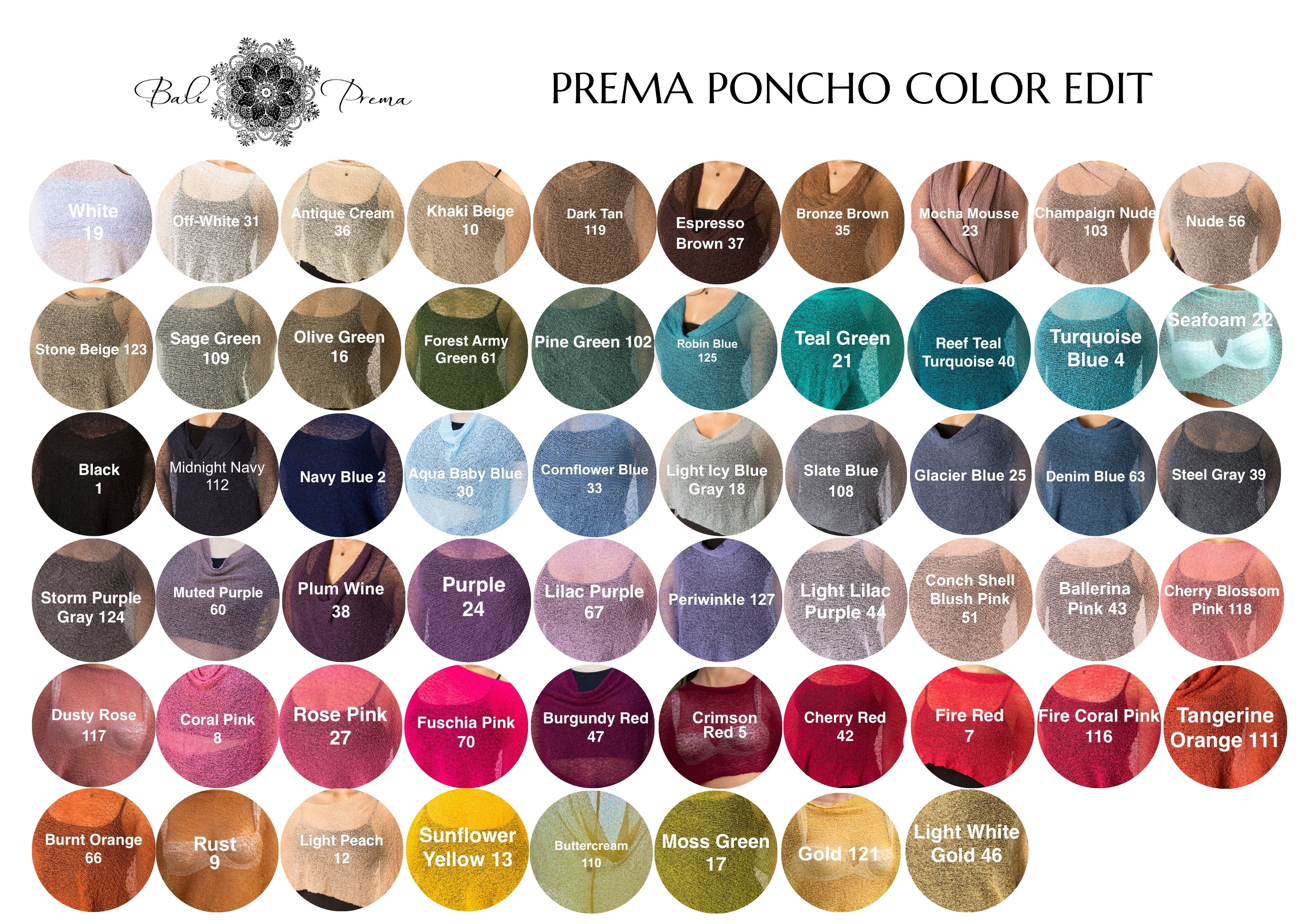 Complete numbered Prema Poncho color chart