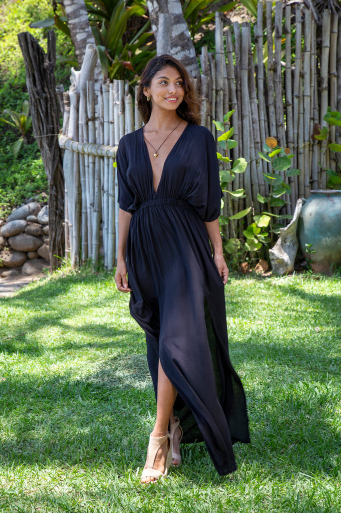 Woman wearing Amy Kimono Dress in Premium Santorini Solid Black