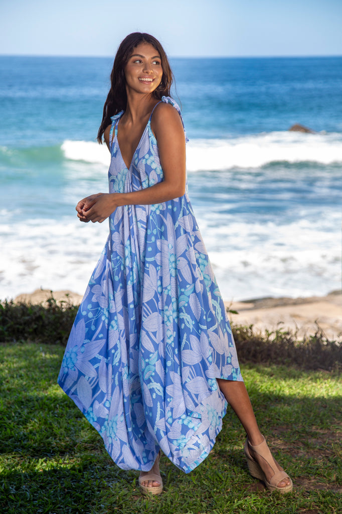 Woman wearing Gypsy Jumpsuit in Premium Blue Hawaiian