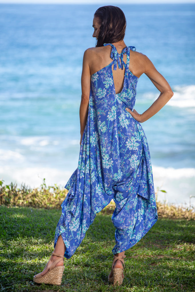Woman wearing Gypsy Jumpsuit in Premium Laucala Blue