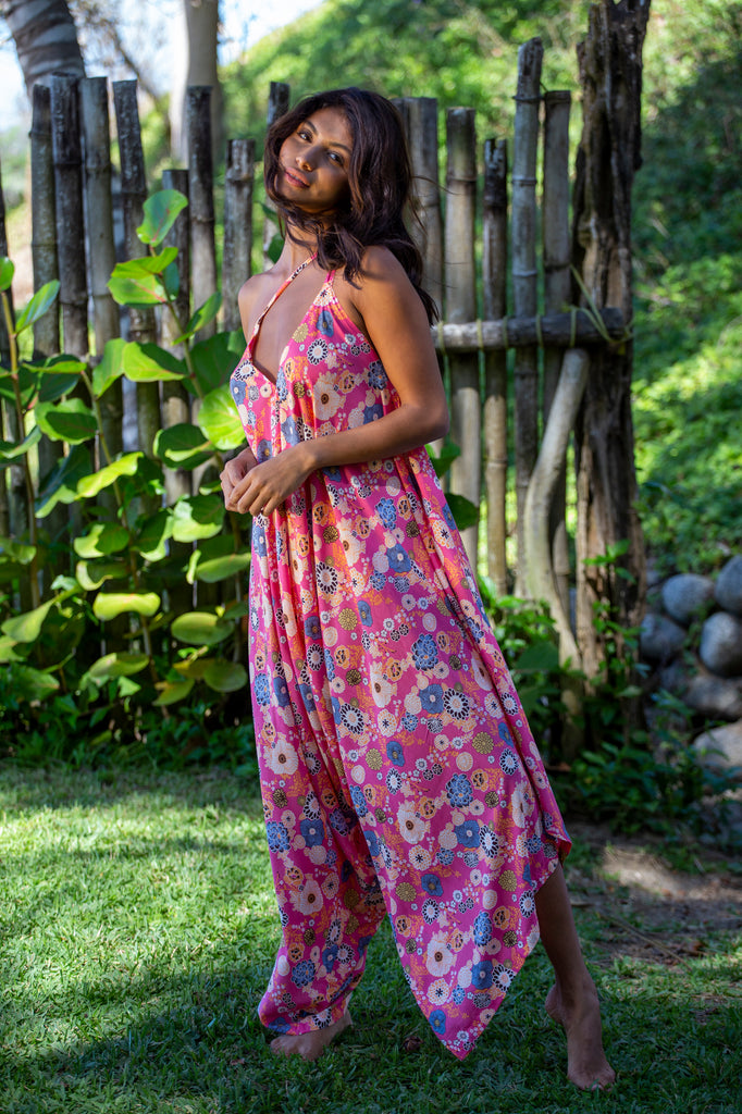 Woman wearing Gypsy Jumpsuit in Premium Okinawa Coral
