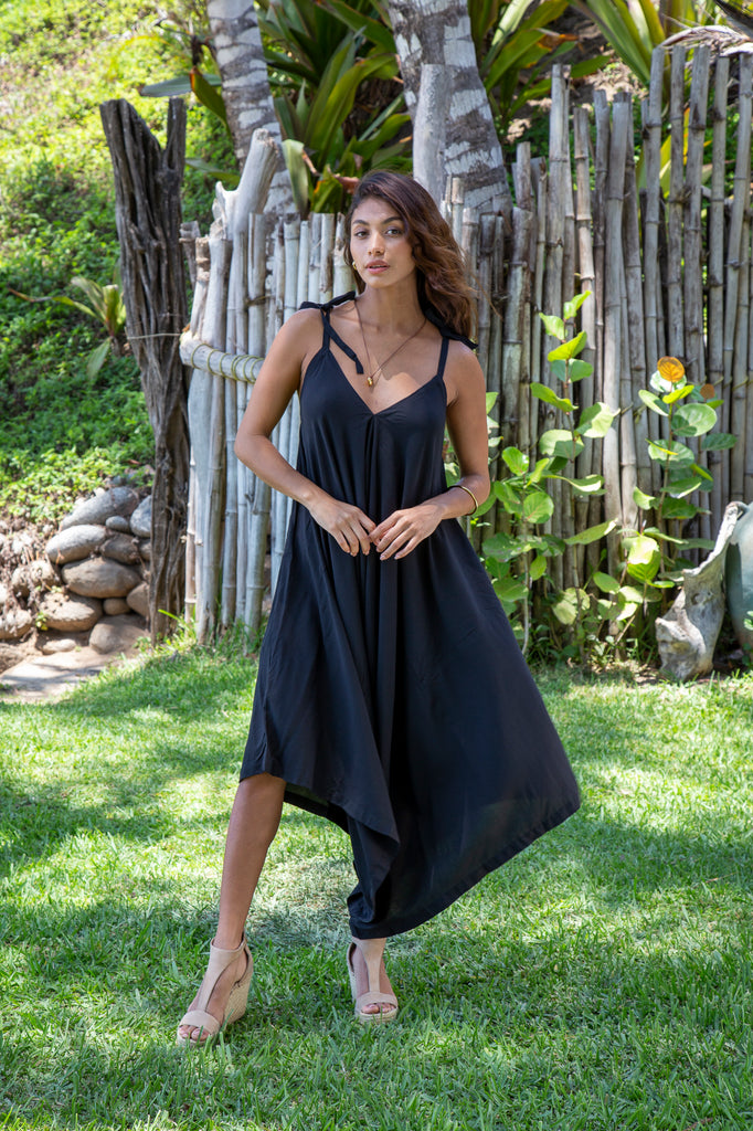 Woman wearing Gypsy Jumpsuit in Premium Santorini Solid Black