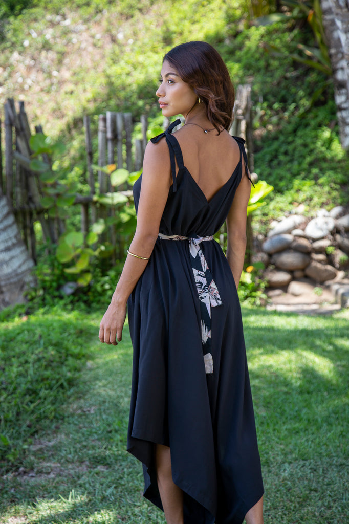 Woman wearing Gypsy Jumpsuit in Premium Santorini Solid Black (Accessories not included).