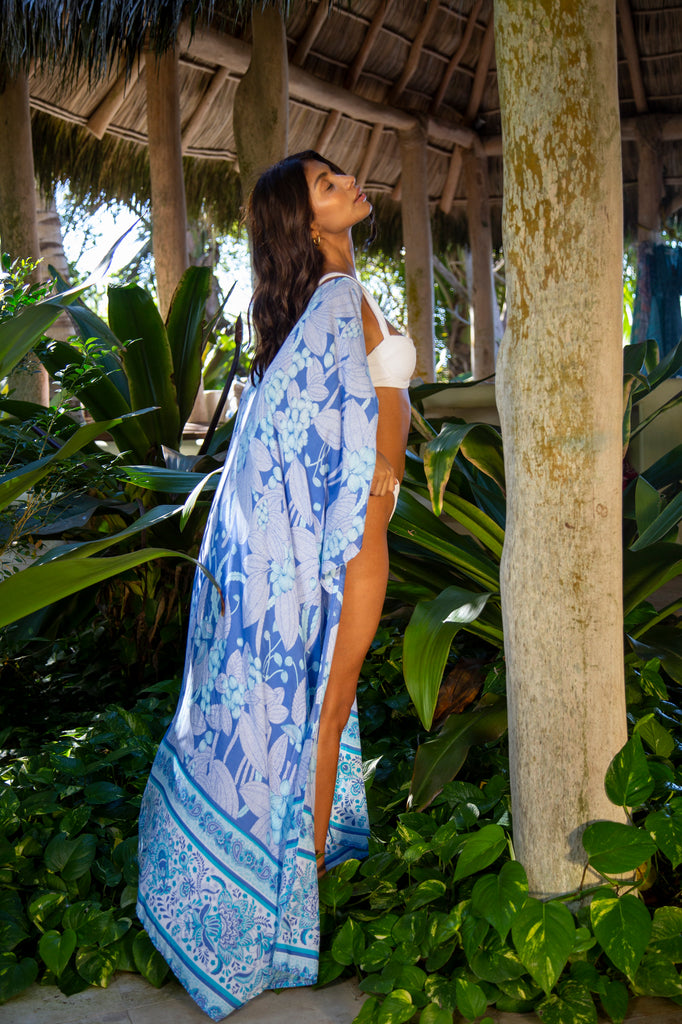 Woman wearing  Samantha Kaftan Robe in Premium Blue Hawaiian