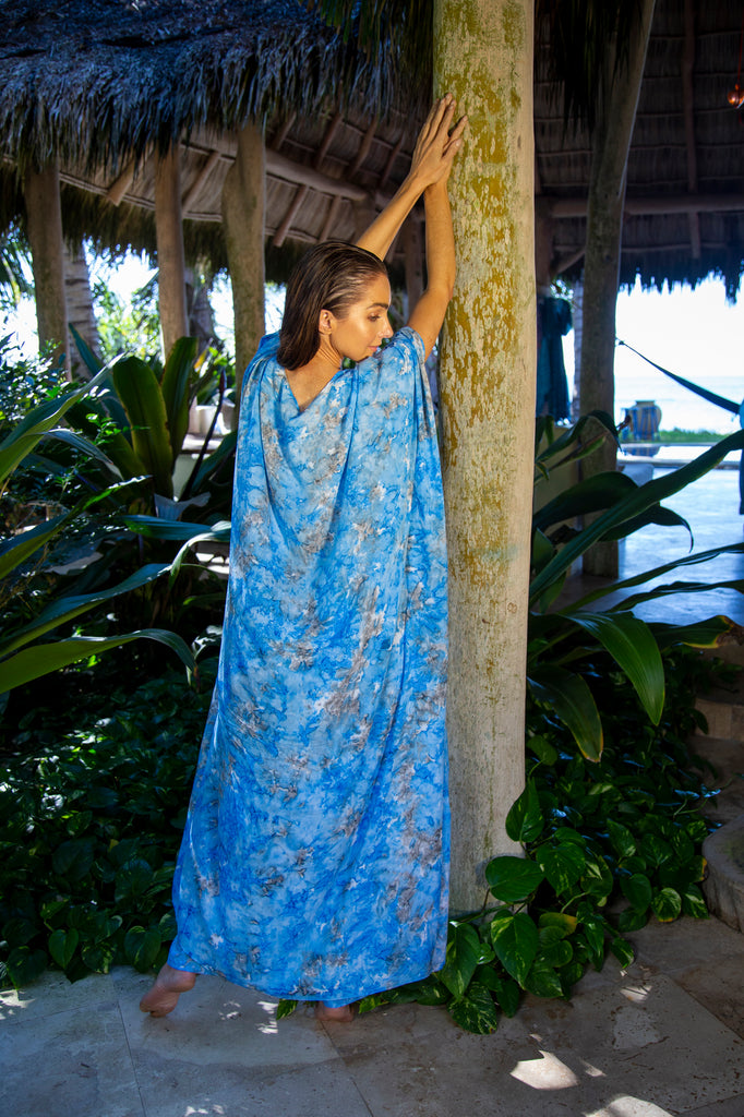 Woman wearing  Samantha Kaftan Robe in Premium Elizabeth Taylor Blue