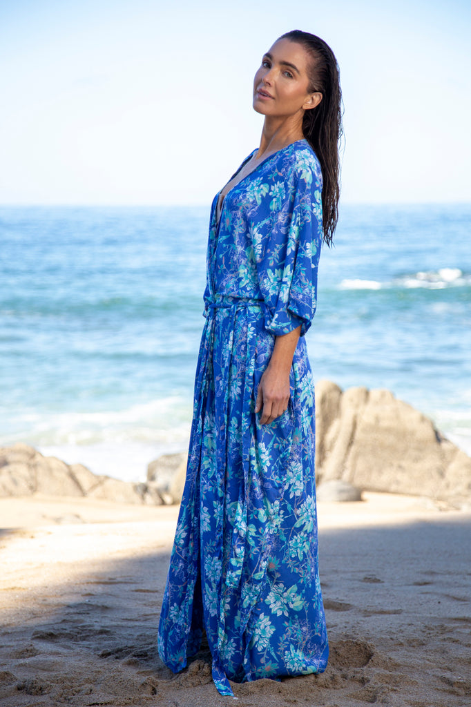Woman wearing  Samantha Kaftan Robe in Premium Lacaula Blue