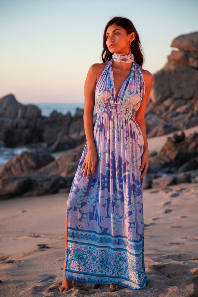 Woman wearing  Tammy Infinity Dress in Premium Blue Hawaiian