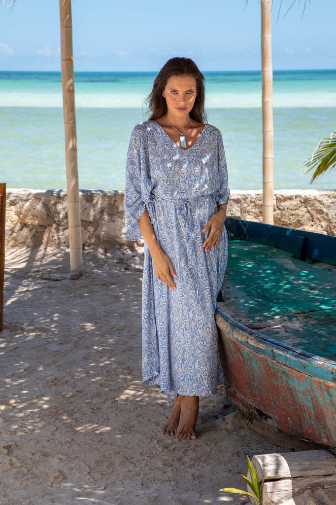 Grace Kelly Kaftan Dress in Mozambique Blue Snake