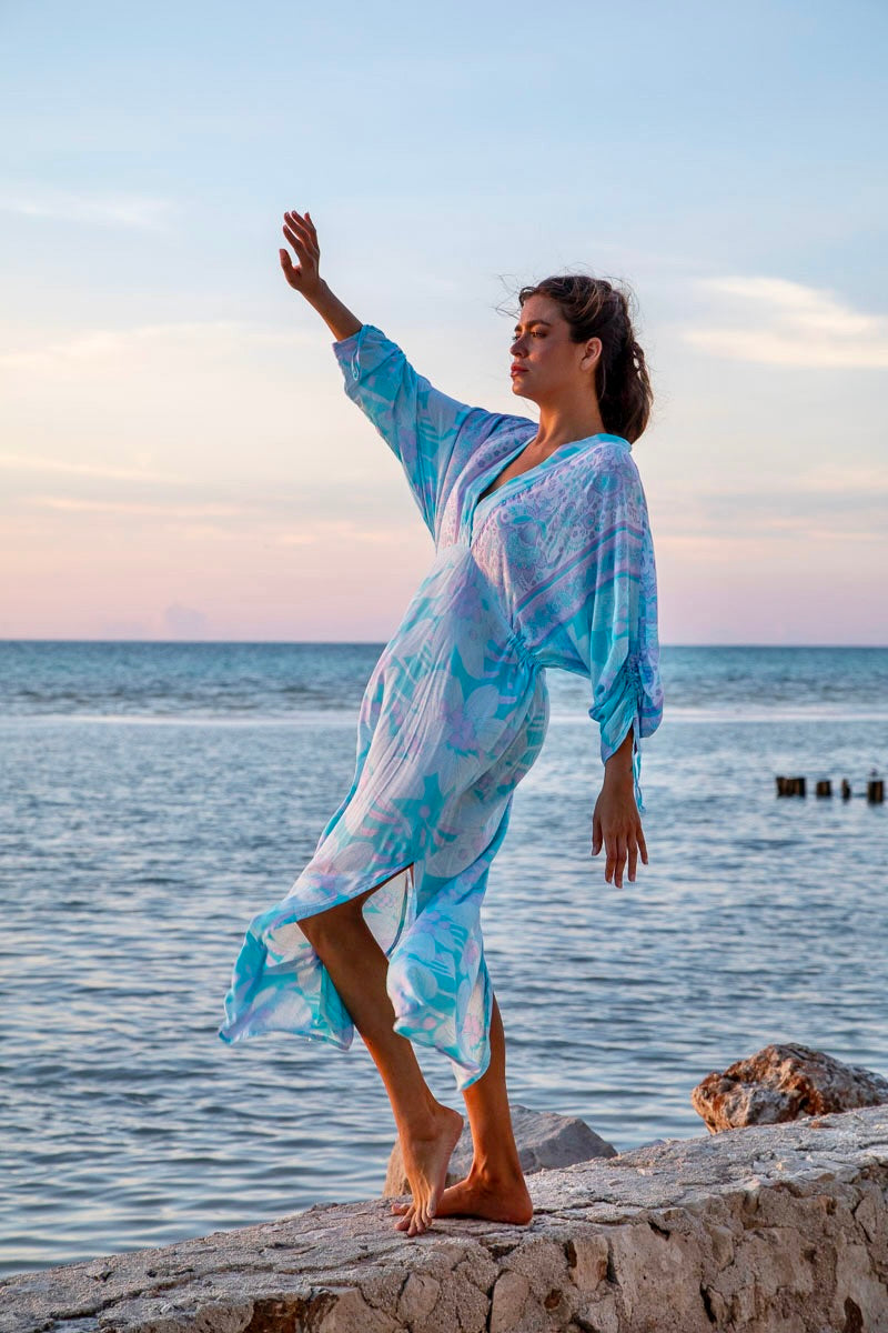 Ingrid Ruched Maxi Dress in Premium Antigua Sea Foam Bali Prema Ingrid Ruched Maxi Dress in Premium Antigua Sea Foam Bali Prema