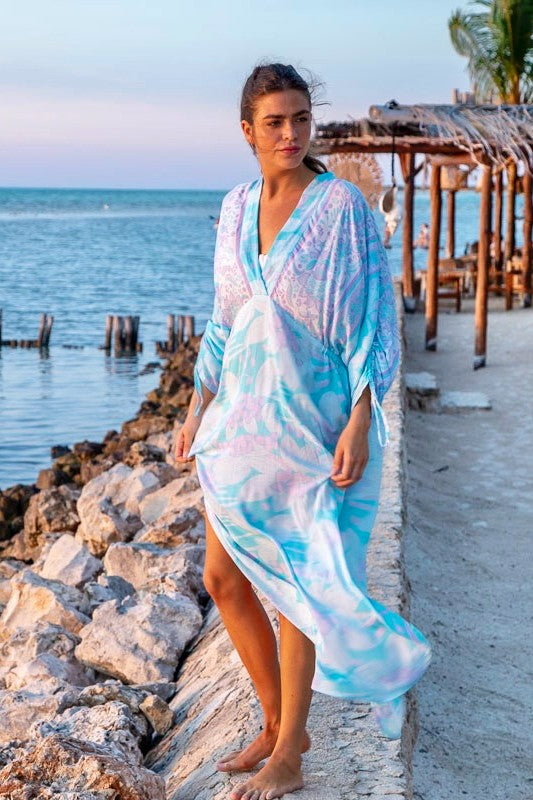 Ingrid Ruched Maxi Dress in Premium Antigua Sea Foam Bali Prema Ingrid Ruched Maxi Dress in Premium Antigua Sea Foam Bali Prema