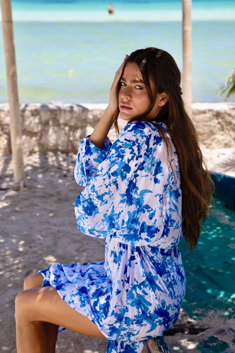 Ingrid Ruched Maxi Dress in Premium Palau Blue Floral – Bali Prema