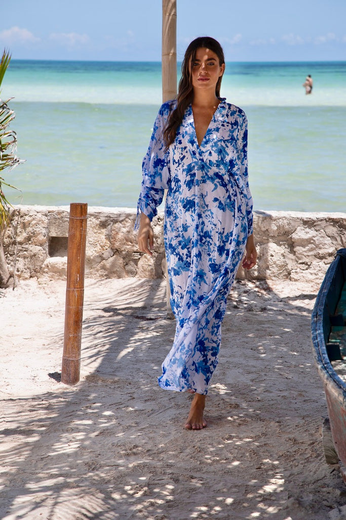 Ingrid Ruched Maxi Dress in Palau Blue Floral
