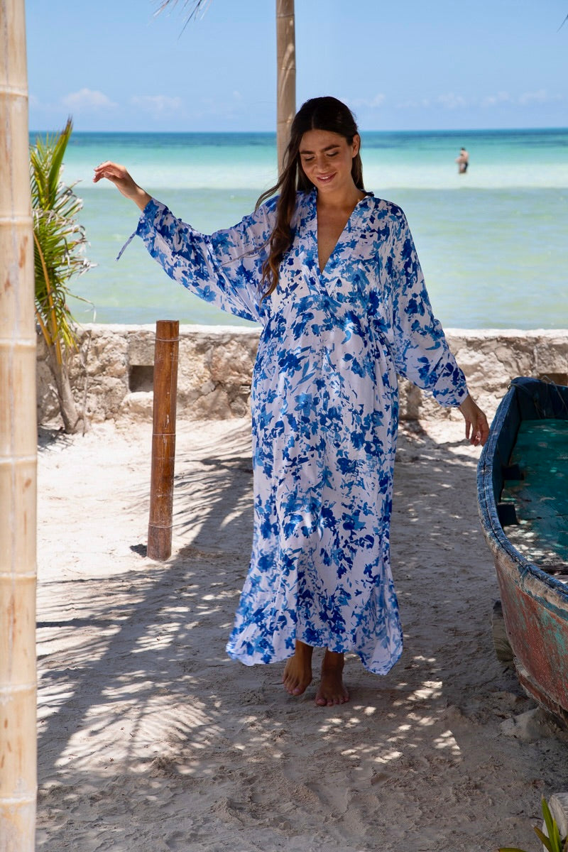 Ingrid Ruched Maxi Dress in Premium Palau Blue Floral