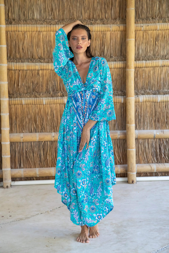 Premium Gypsy Wide Leg Jumpsuit in Galapagos Teal Floral