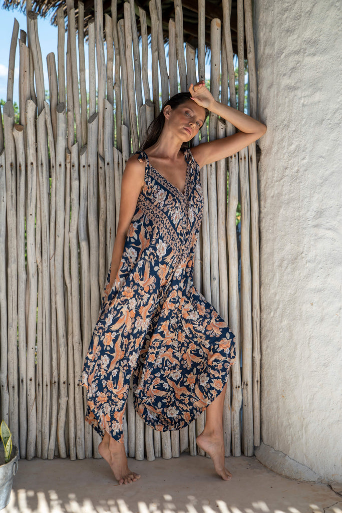 Premium Gypsy Wide Leg Jumpsuit in Turks and Caicos Navy Orange