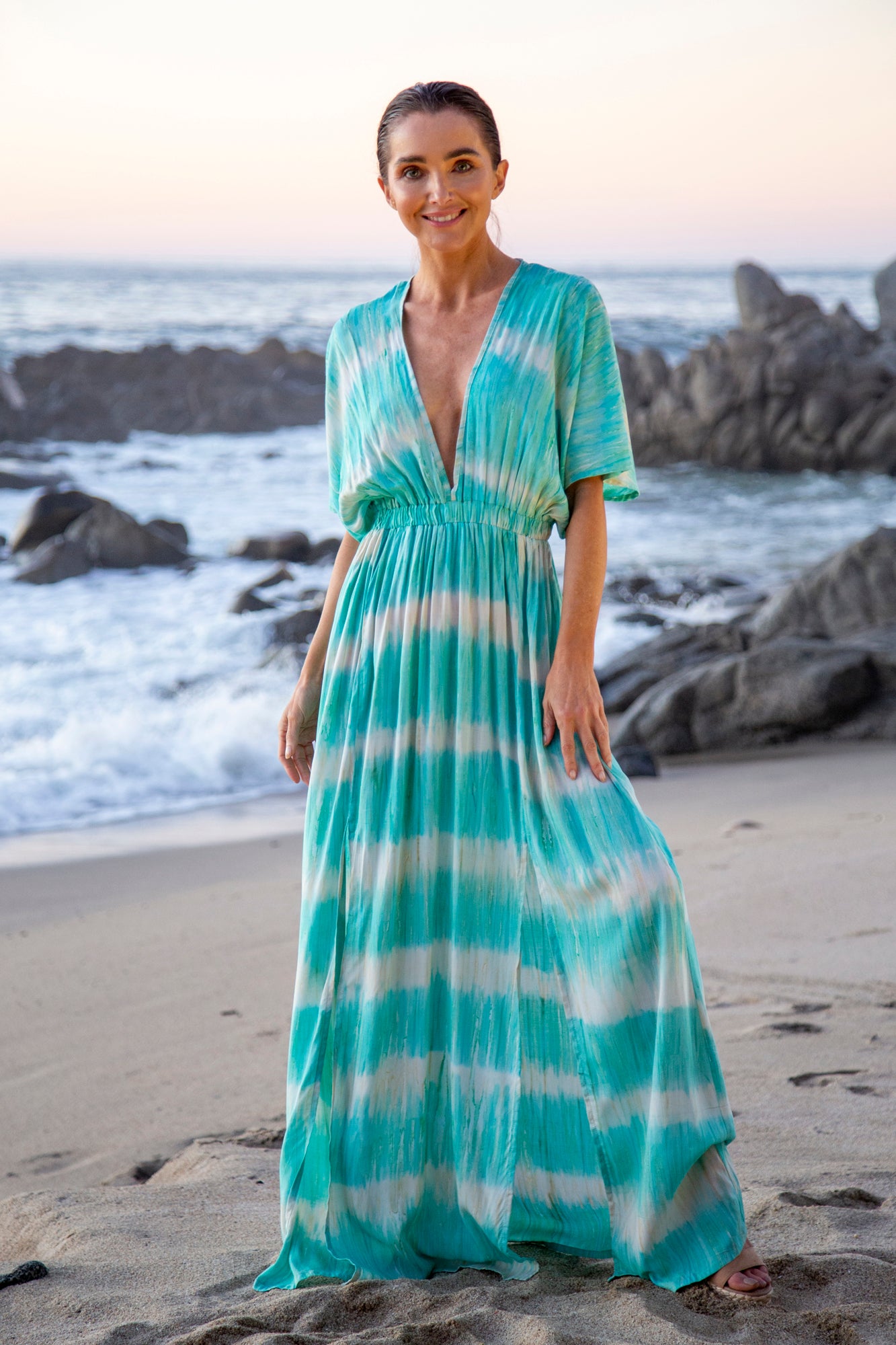Amy Kimono Dress in Premium Bridgette Bardot Teal Watercolor – Bali Prema