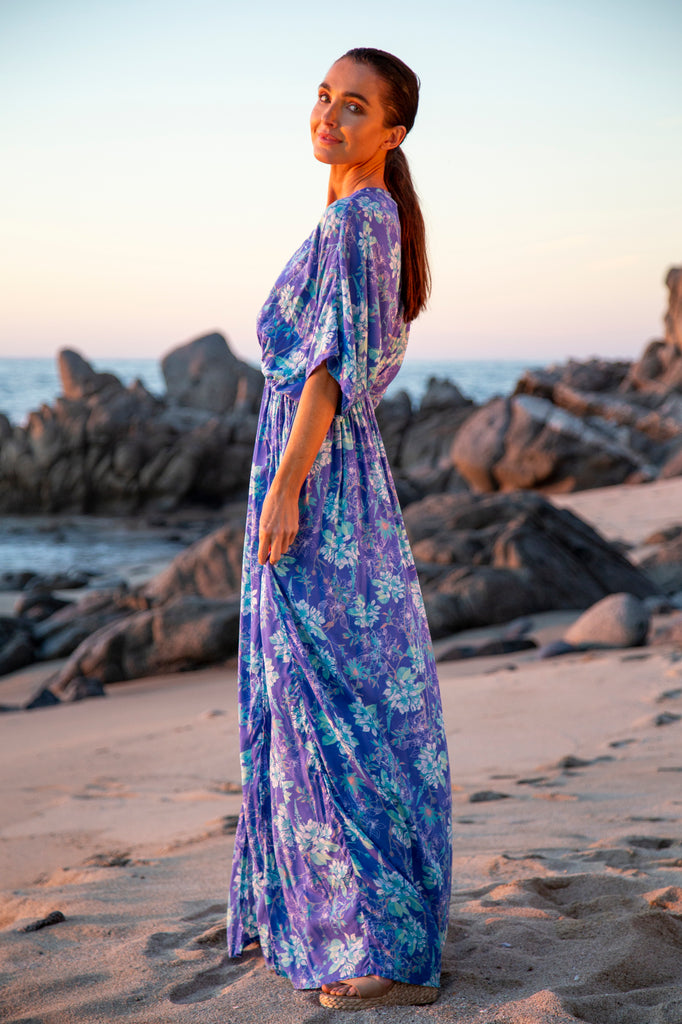 Woman wearing Bali Prema Amy Kimono Dress in Premium Laucala Island Blue