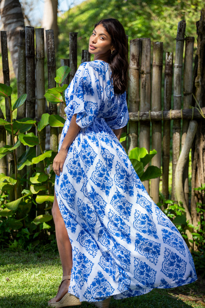 Woman wearing Amy Kimono Dress in Premium St Johns Blue Diamond