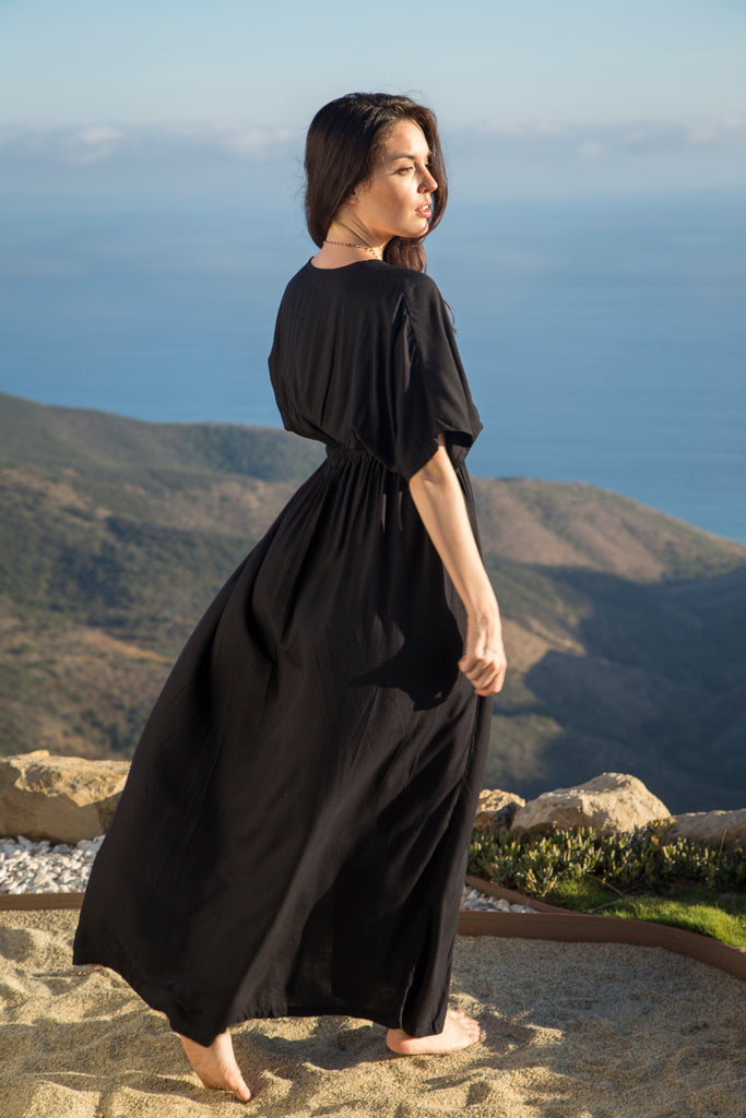 Woman wearing Amy Kimono Dress in Solid Black Sarong
