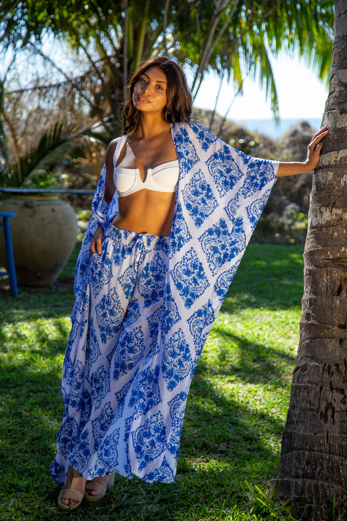 Woman wearing Gabrielle Wide Resort Pant in Premium St Johns Blue Diamond (Robe sold separately)