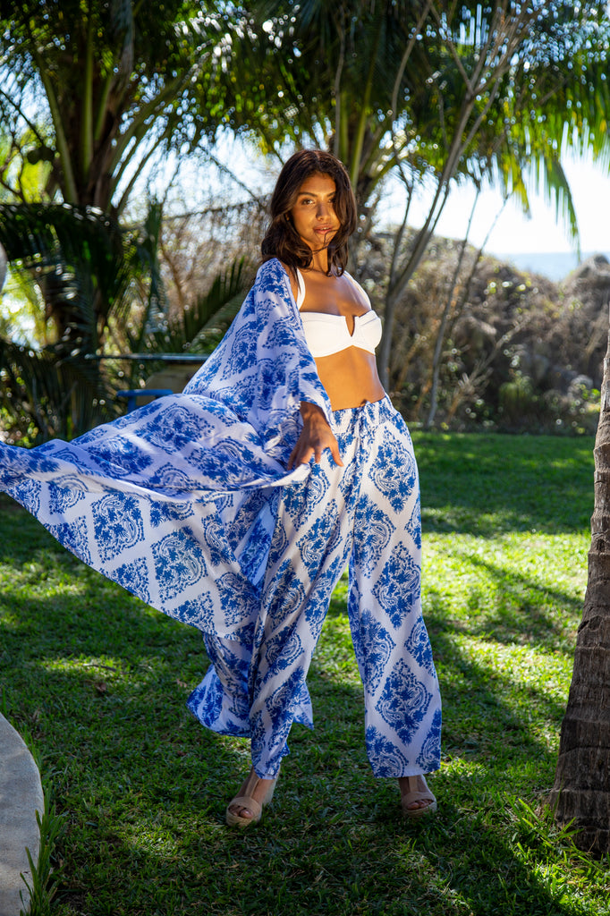 Woman wearing Gabrielle Wide Resort Pant in Premium St Johns Blue Diamond (Robe sold separately)
