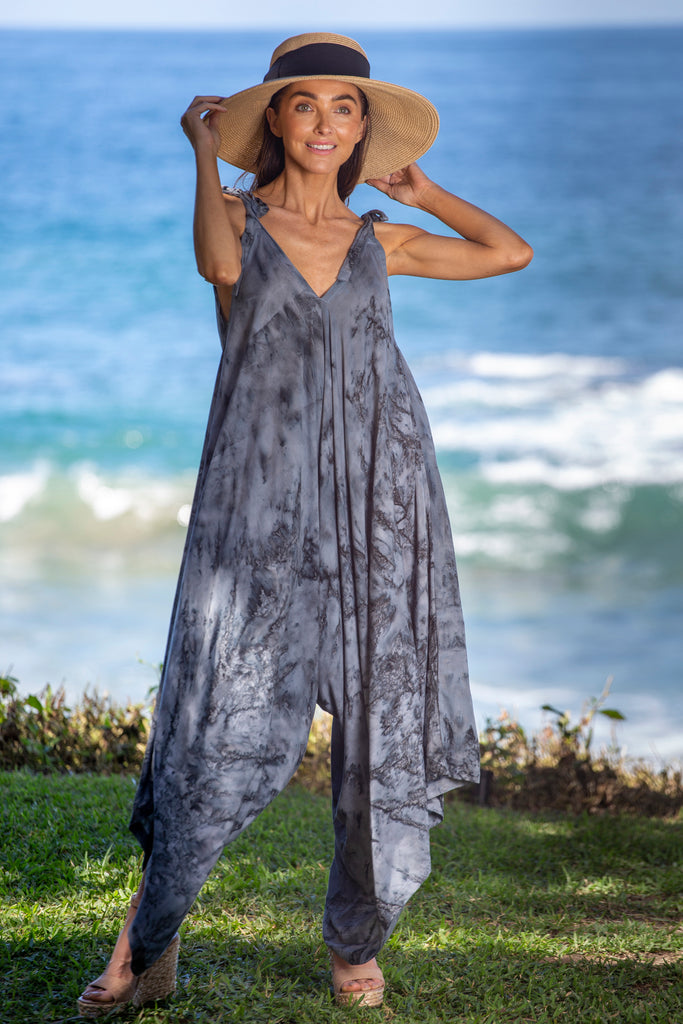 Woman wearing Gypsy Jumpsuit in Maui Marble Grey