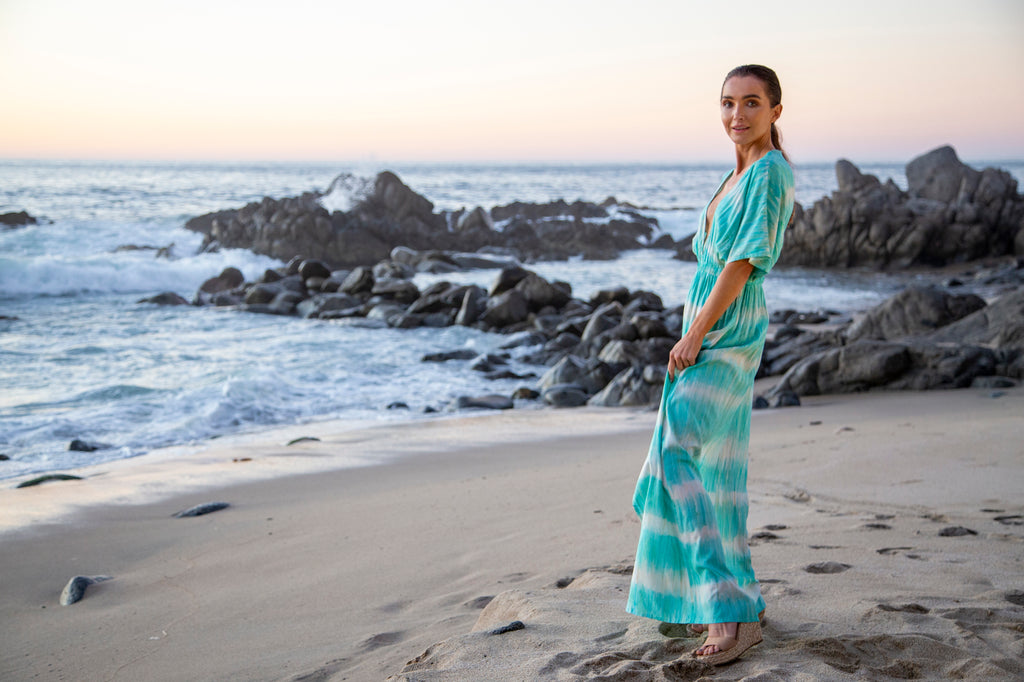 Woman wearing Bali Prema Amy Kimono Dress in Premium Bridgette Bardot Teal Watercolor
