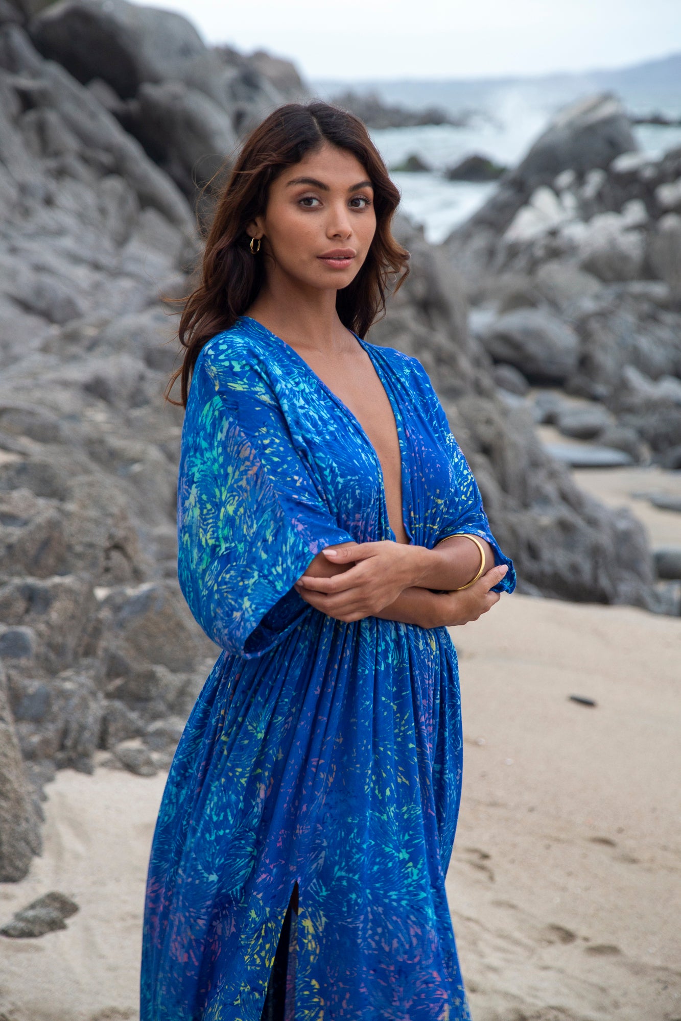 Amy Kimono Dress in Batik Bahamas Blue Rainbow Amy Kimono Dress in Batik Bahamas Blue Rainbow