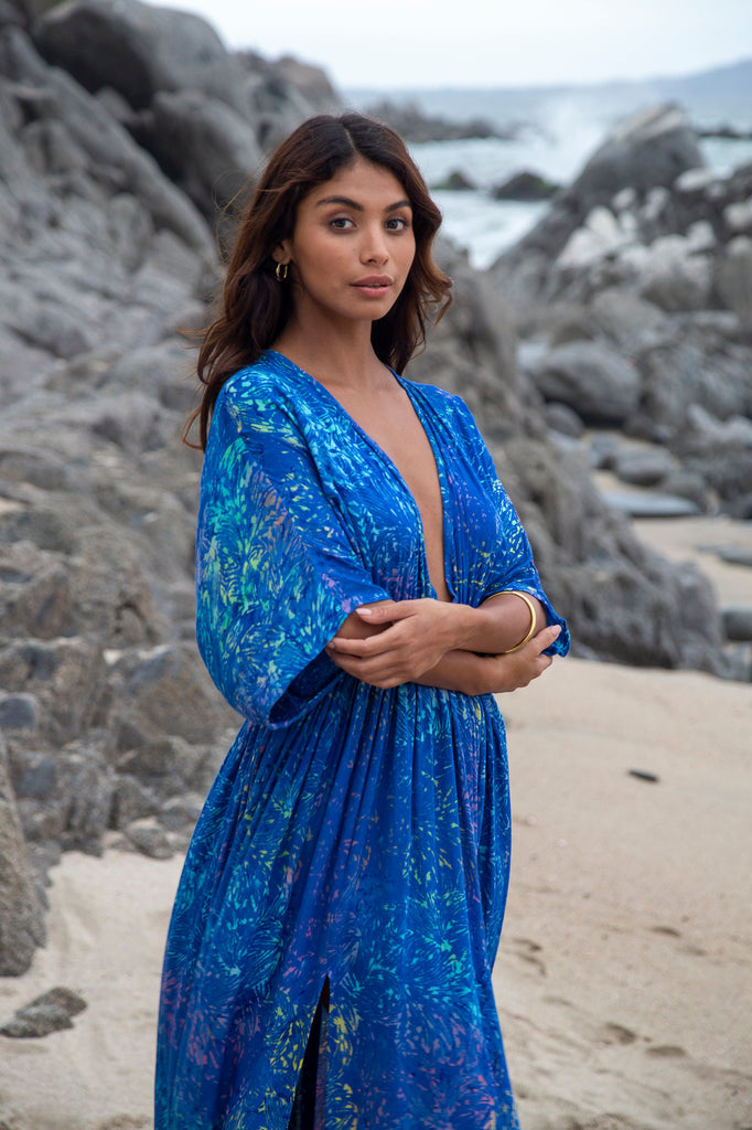 Amy Kimono Dress in Batik Bahamas Blue Rainbow – Bali Prema