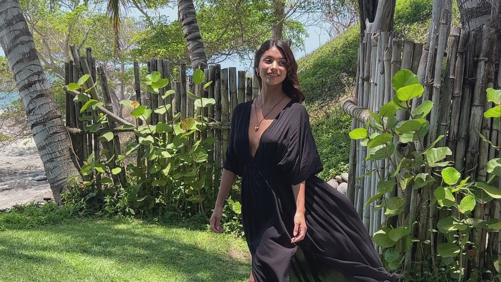 Video of a Woman wearing Amy Kimono Maxi Summer Dress in Santorini Solid Black Premium