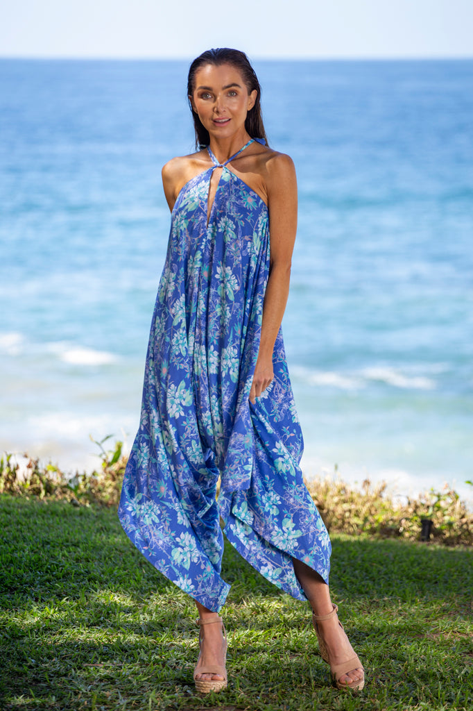 Front of Woman in Gypsy Wide Leg Summer Jumpsuit - Lacuala Island Blue Teal with Pocket Option OS in front of the beach.