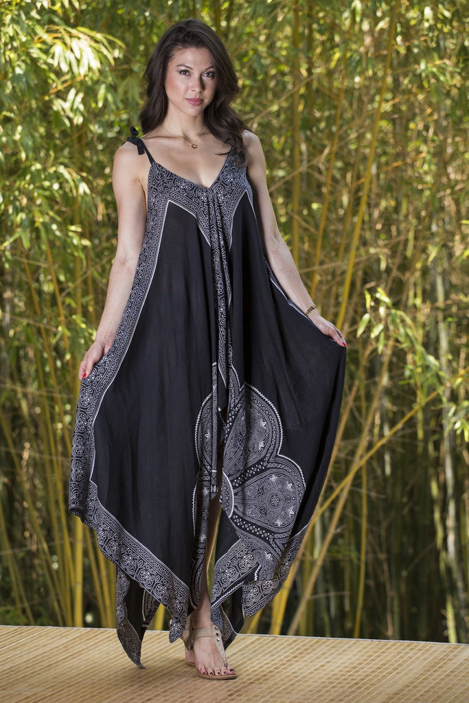 Woman Wearing Gypsy Summer Dress in Black White Mandala