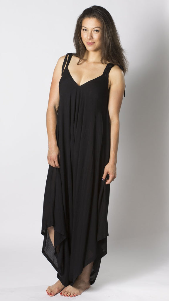 Front of a Girl Wearing a Bali Prema Gypsy Wide Leg Jumpsuit in Solid Black
