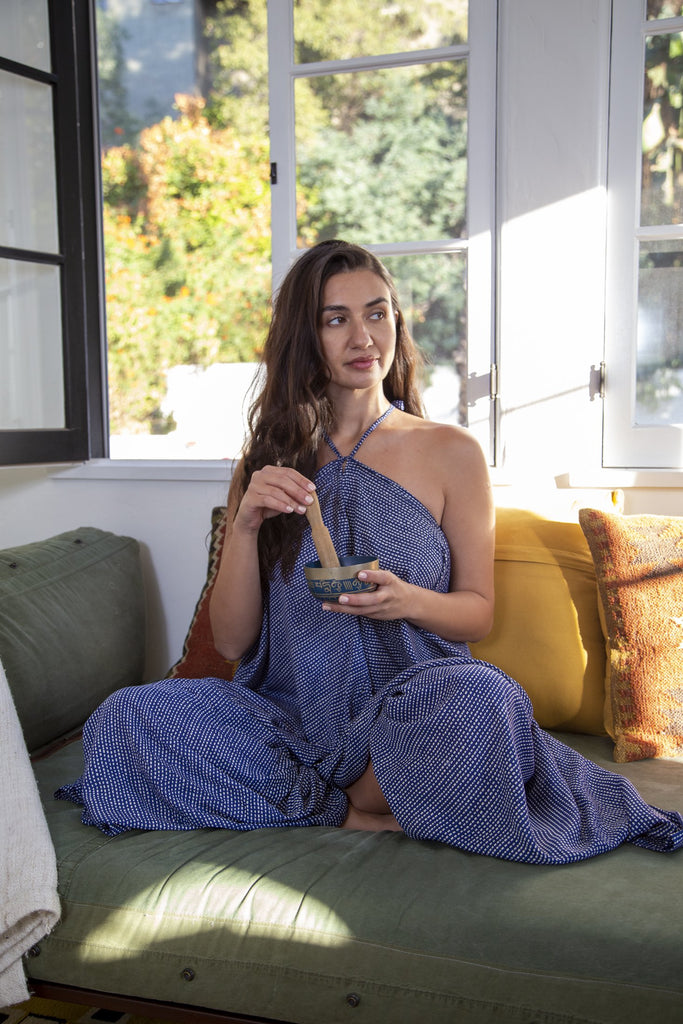 Woman Wearing Bali Prema Gypsy Wide Leg Jumpsuit in Premium Navy Dash