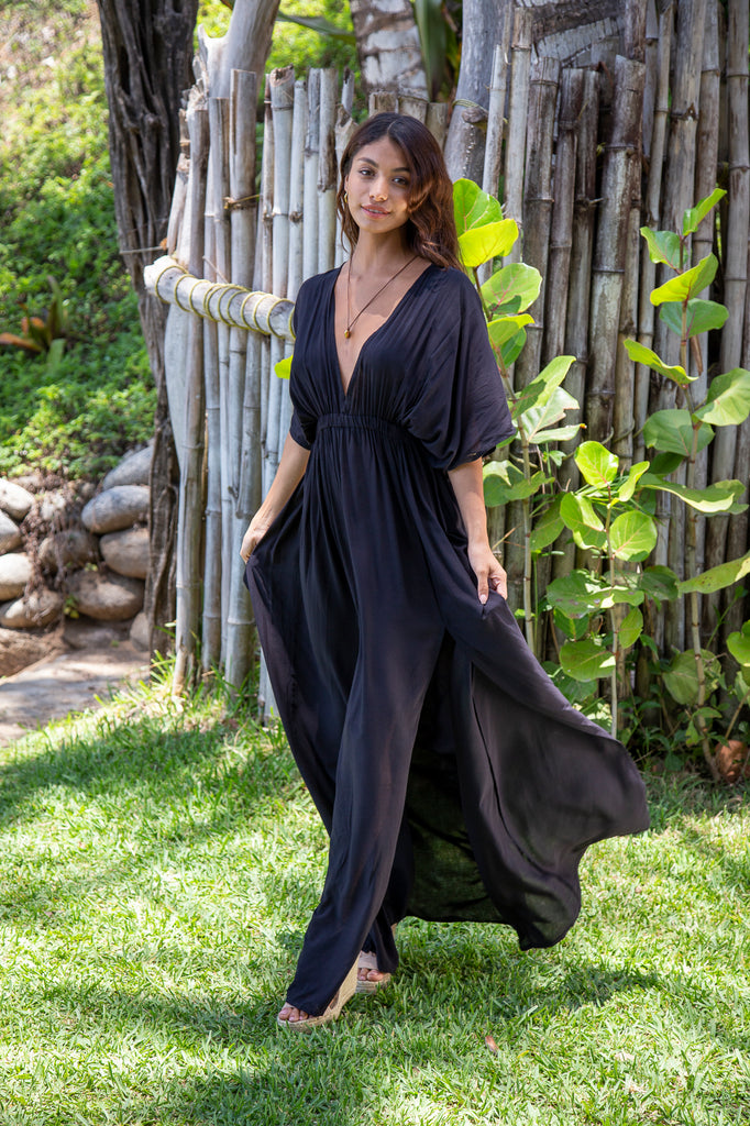 Woman wearing Amy Kimono Maxi Summer Dress in Santorini Solid Black Premium