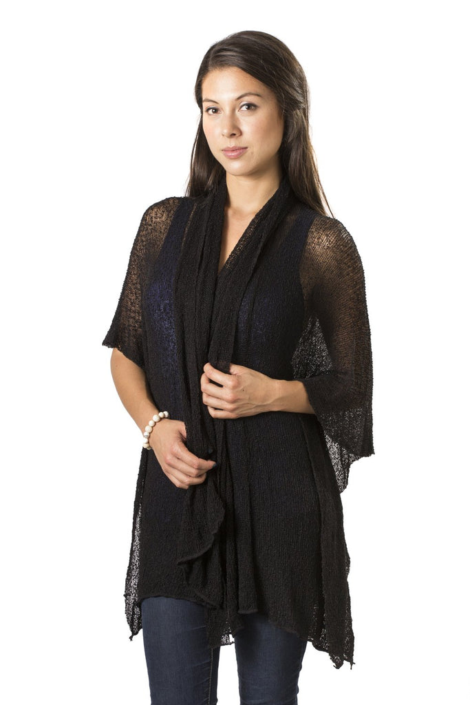 Woman Wearing ﻿Summer Knit Long Cardigan in Black