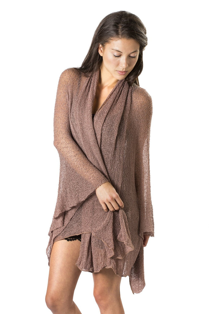 Woman Wearing ﻿Summer Knit Long Cardigan in Pink Chocolate