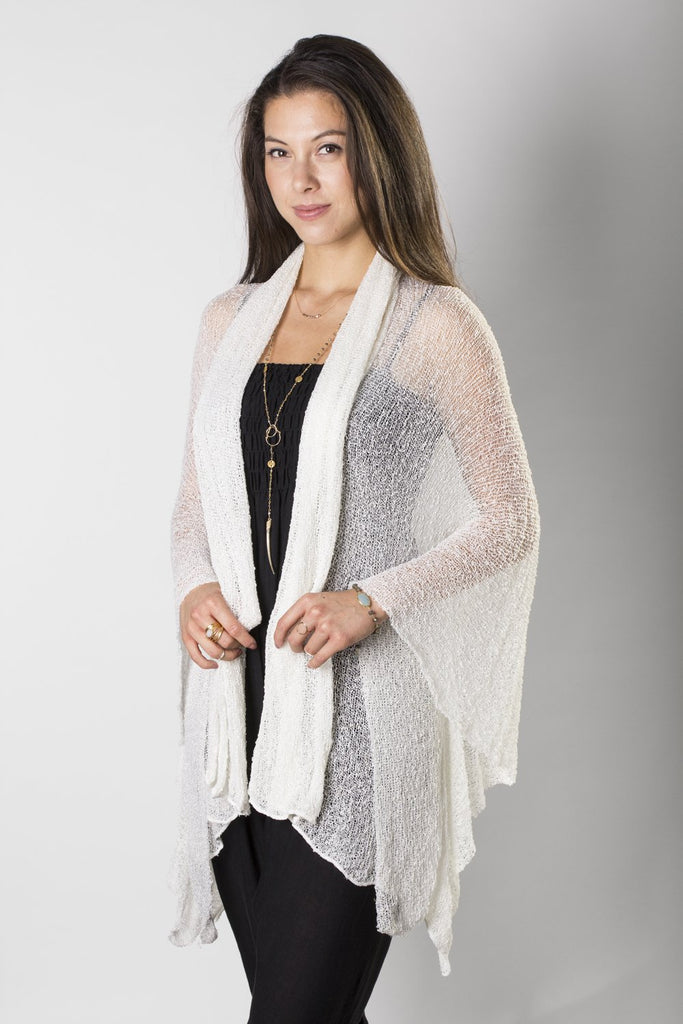 Woman Wearing ﻿Summer Knit Long Cardigan in Off White