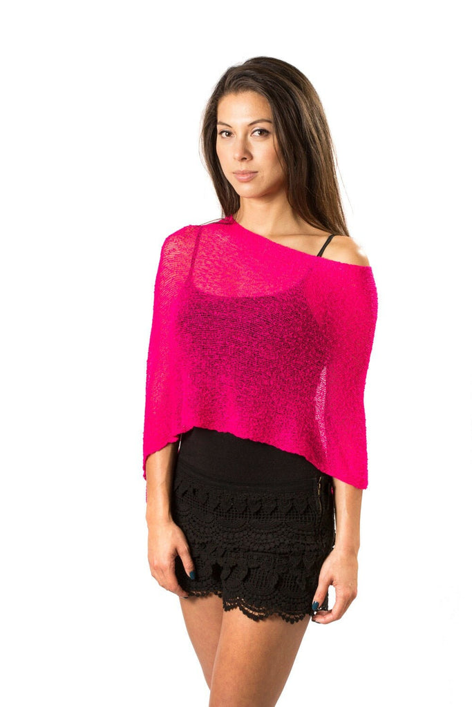 Woman standing upclose wearing Fuschia Pink #70 Knit Poncho Shawl