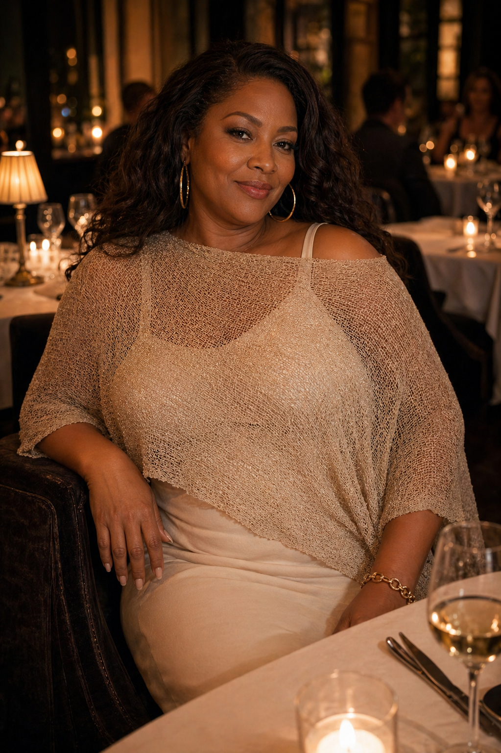 Woman wearing a gold Prema Poncho at dinner