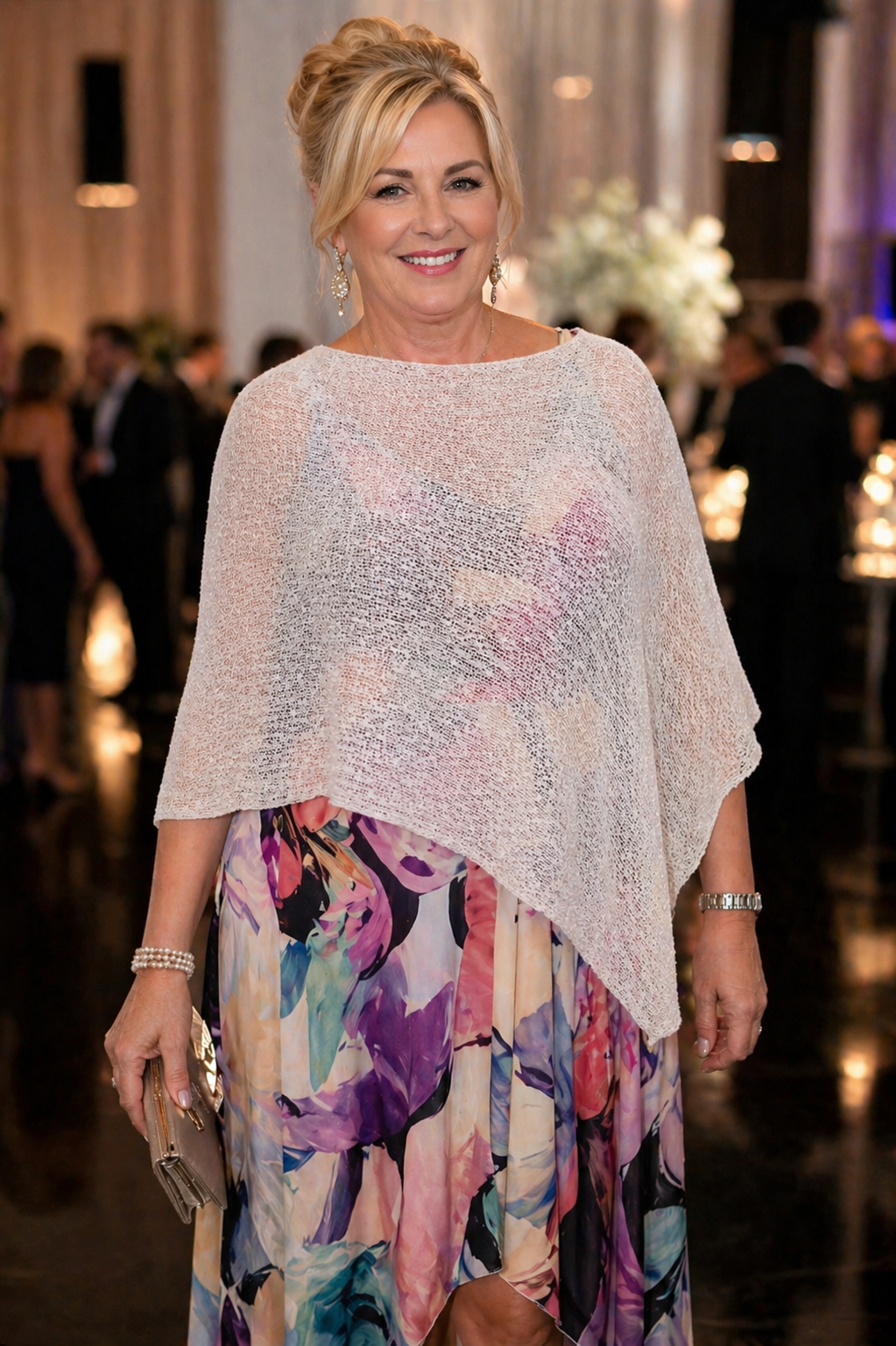 Woman in a light Poncho over a floral dress at an evening celebration